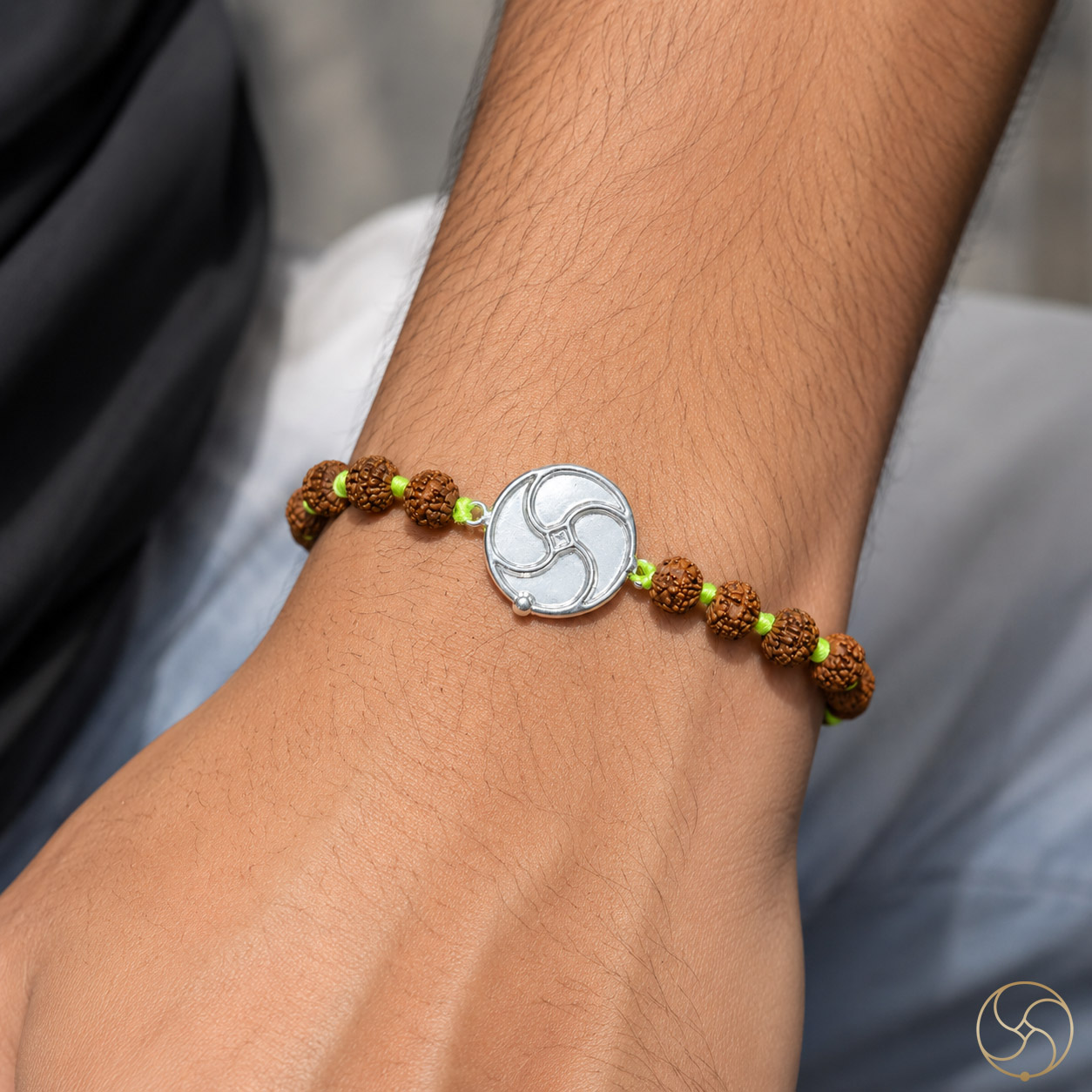 999 Silver Chakradhari Logo with Rudraksha Bead Rakhi