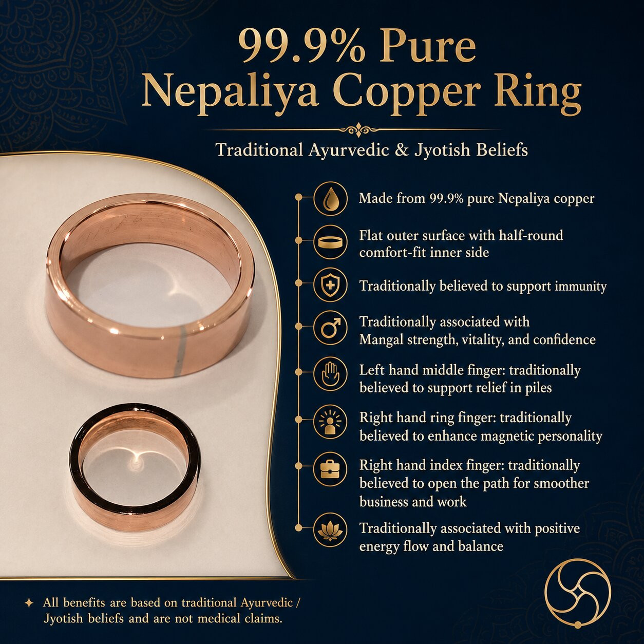 999 Pure Nepaliya Copper Flat Lathe Ring
