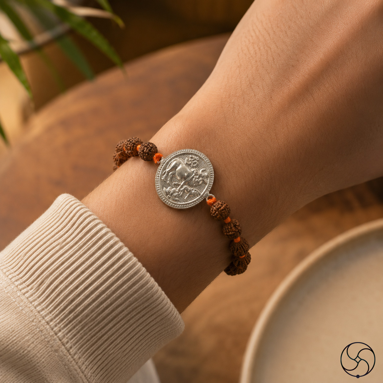 999 Silver Kamadhenu with Rudraksha Bead Rakhi