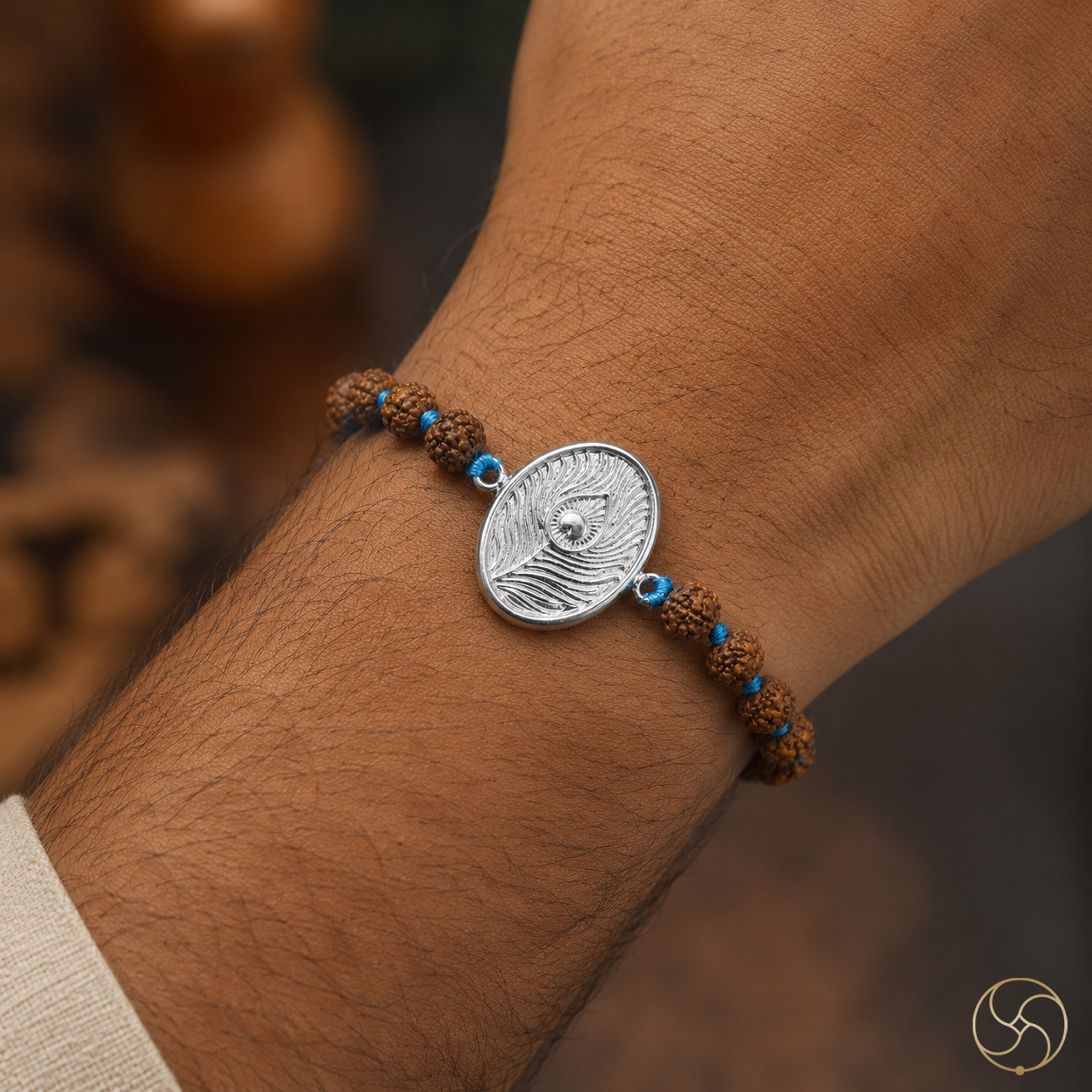 999 Silver Morpankh Charm with Rudraksha Bead Rakhi