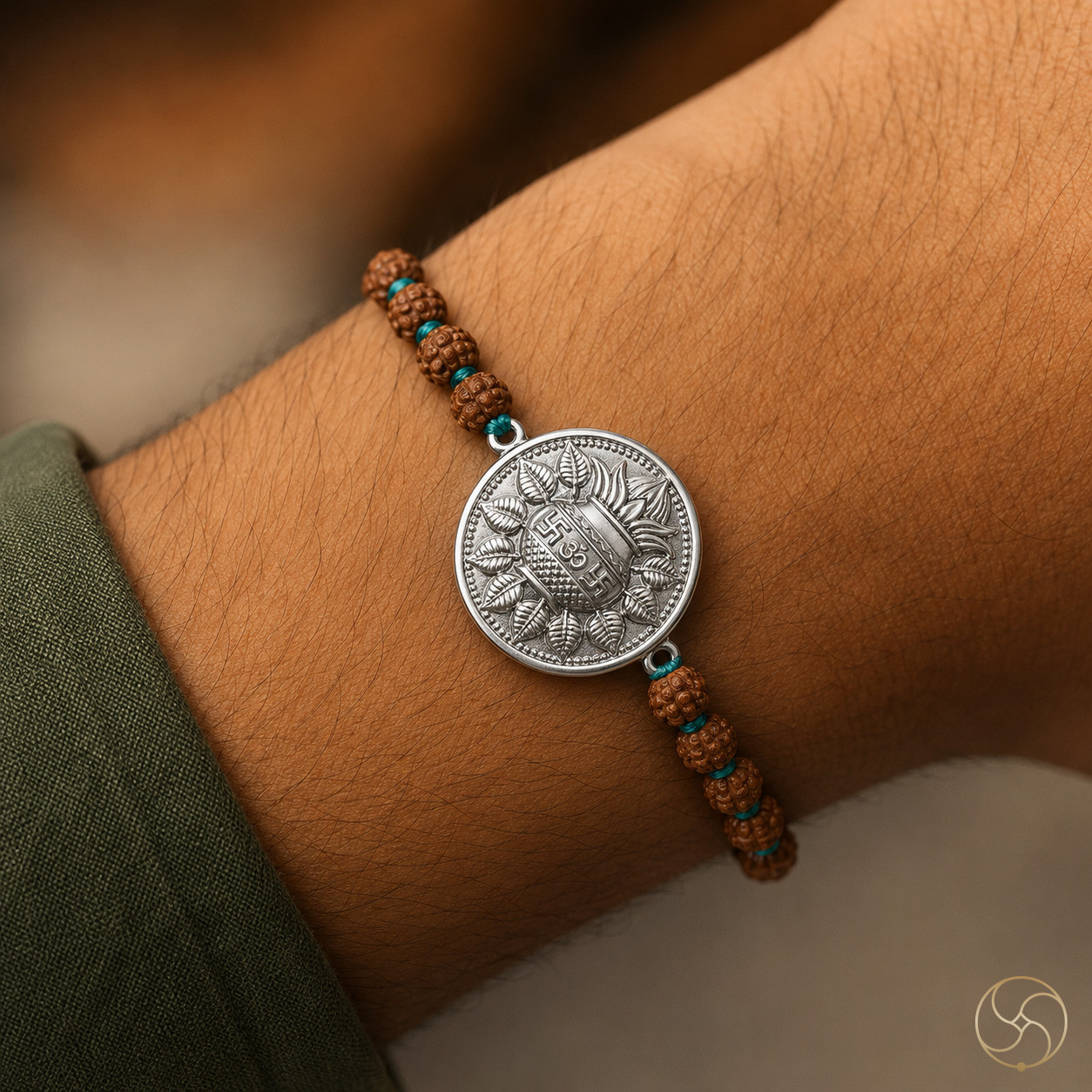 999 Silver Kalash Charm with Rudraksha Bead Rakhi
