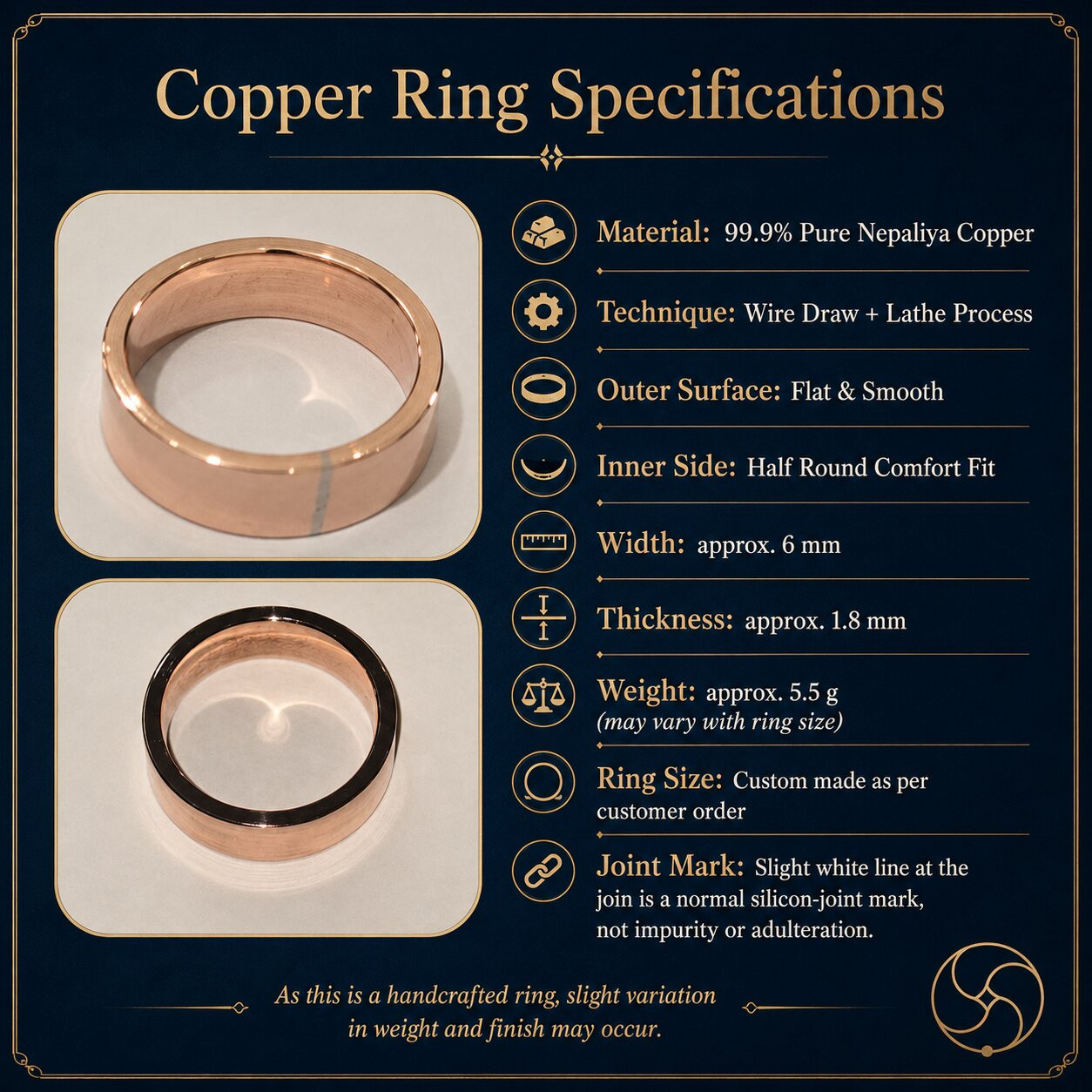 999 Pure Nepaliya Copper Flat Lathe Ring