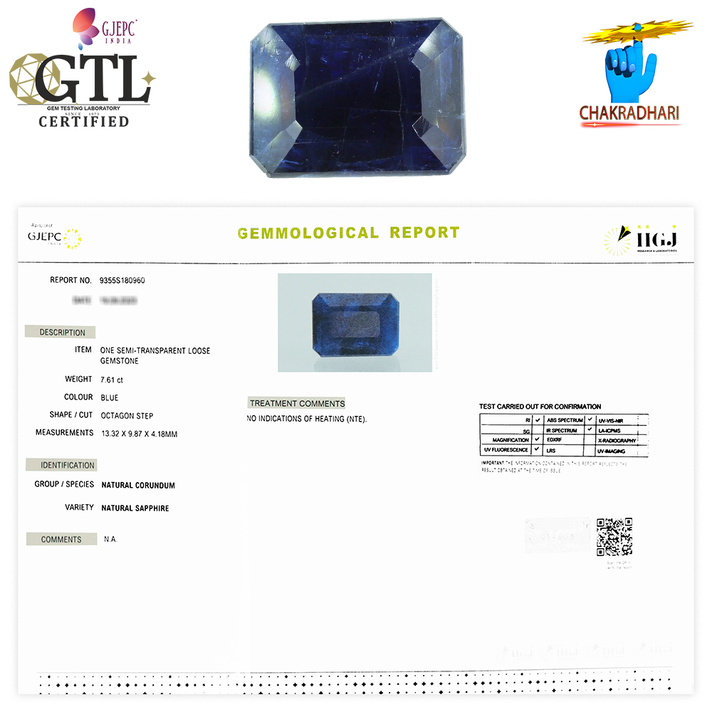 07.61 Carats Blue Sapphire Gemstone With Ring Or Pendant - नीलम रत्न