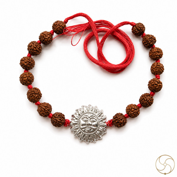 Image of 99.9% Silver Surya Dev &amp; Rudraksha Bead Rakhi
