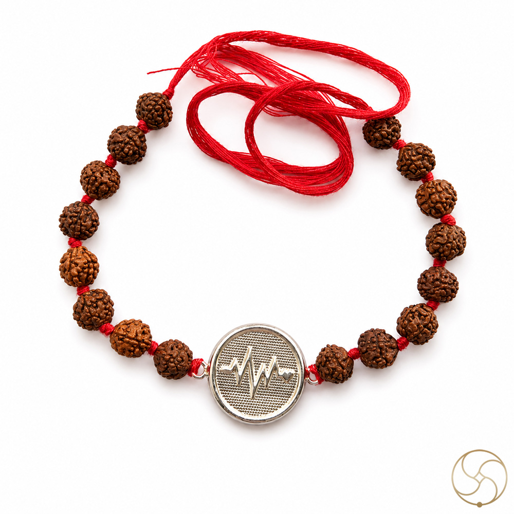 999 Silver Heartbeat Charm with Natural Rudraksha Beads Rakhi