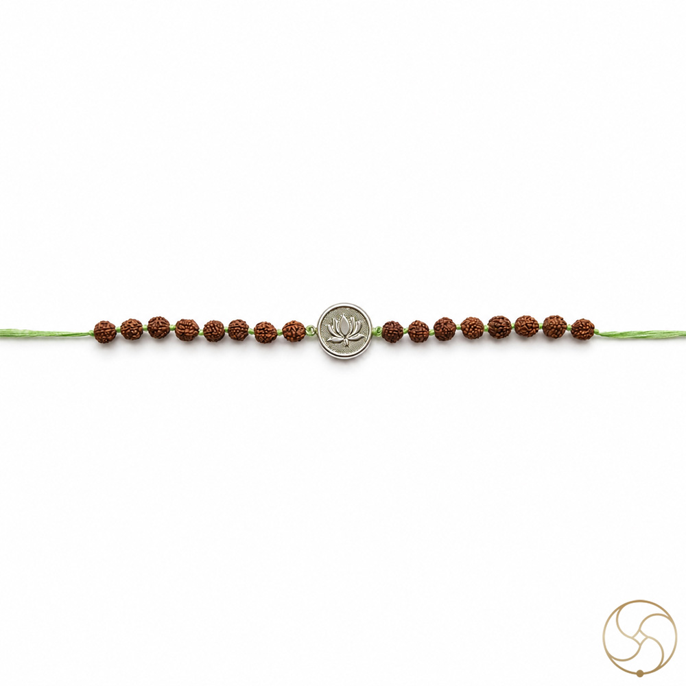 999 Silver Lotus Charm with Natural Rudraksha Bead Rakhi