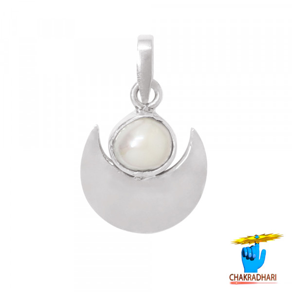 Image of 99.6% Silver Half Moon with Pearl Pendant - चाँदी अर्धचंद्र मोती लॉकेट