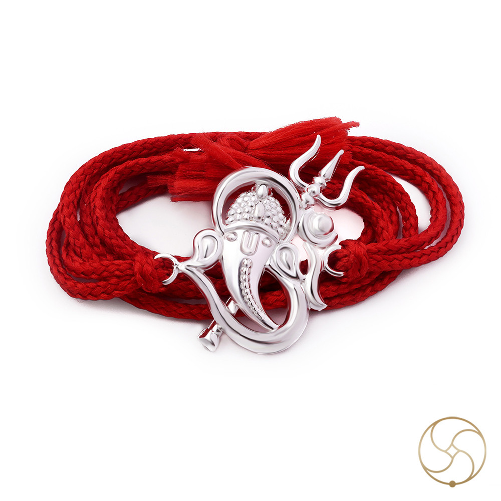 Divine Harmony Ganesh Face Om and Trishool Design Silver Rakhi
