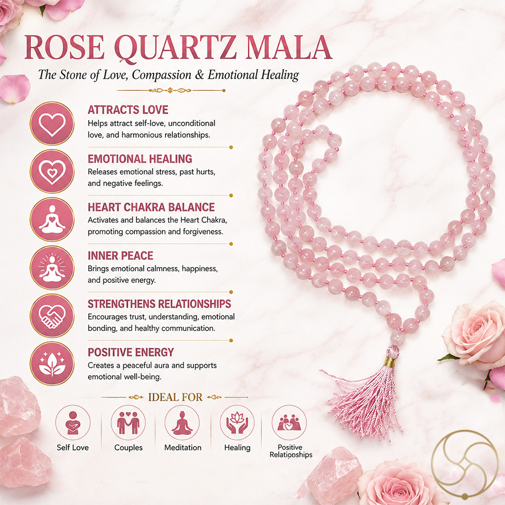 Rose Quartz Mala 108 Plus 1 Beads for Jaap or Wearing 8mm or 6mm