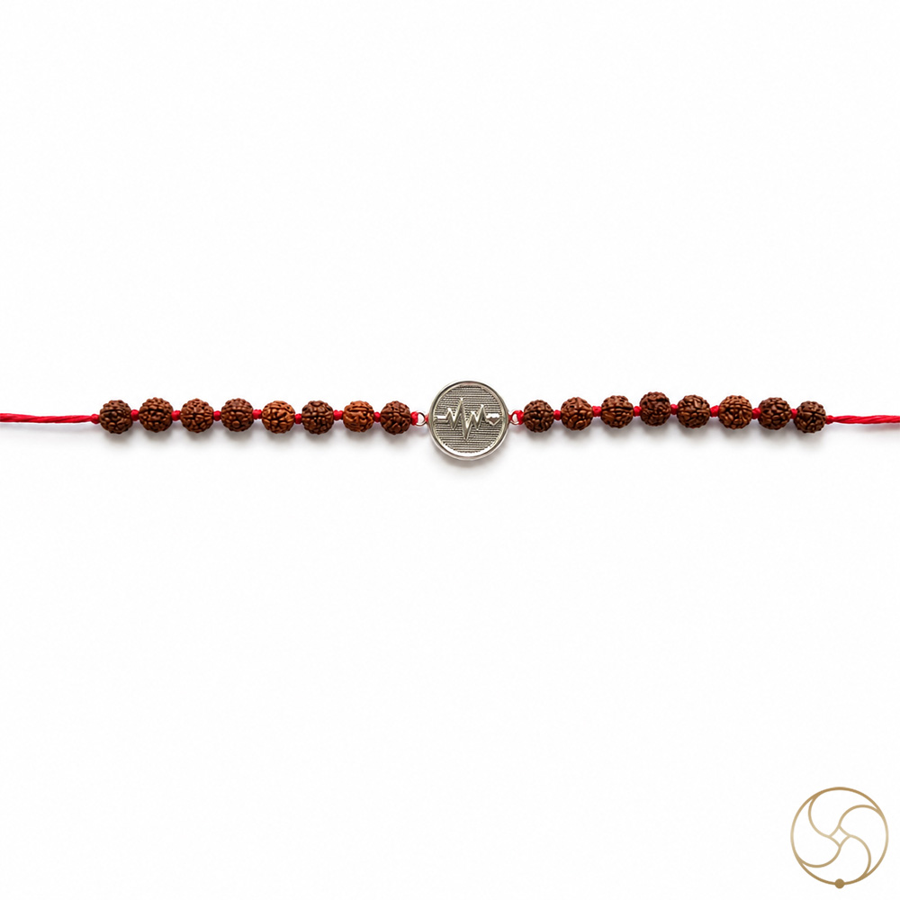 999 Silver Heartbeat Charm with Natural Rudraksha Beads Rakhi