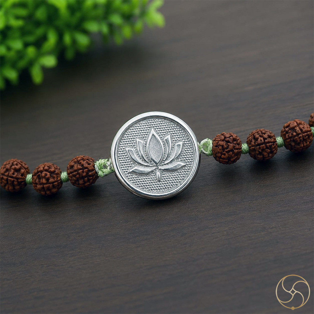 999 Silver Lotus Charm with Natural Rudraksha Bead Rakhi