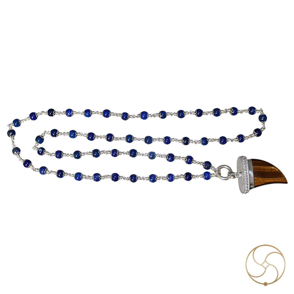999 Pure Silver Lapis Lazuli Tiger Eye Silver Pendant Mala -  999            