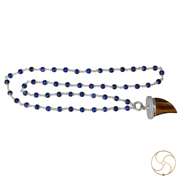 Image of 99.9% Pure Silver Lapis Lazuli Tiger Eye Silver Pendant Mala -  99.9% शुद्ध चाँदी में लाजवर्त चाँदी माला संग लाजवर्त मोती वे चीति लटकन