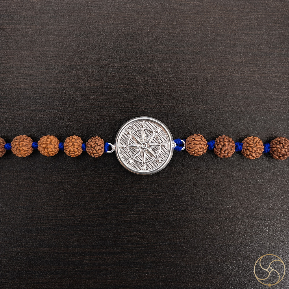 999 Silver Compass Charm with Rudraksha Bead Rakhi