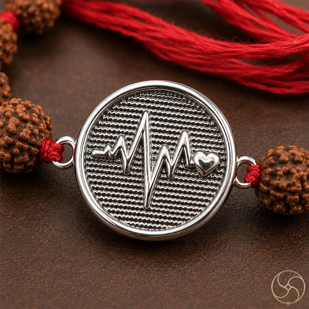 999 Silver Heartbeat Charm with Natural Rudraksha Beads Rakhi
