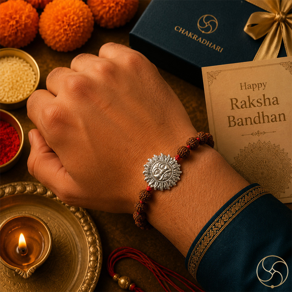 999 Silver Surya Dev  Rudraksha Bead Rakhi