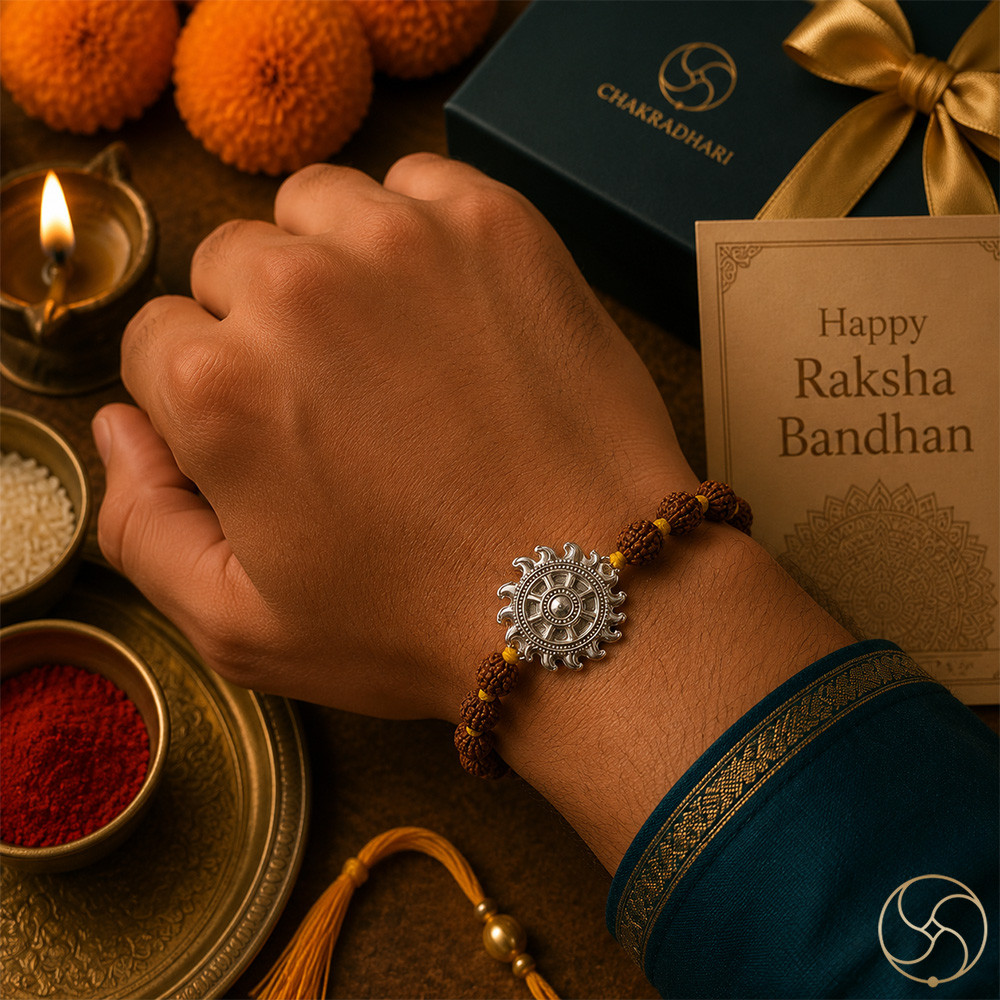 999 Silver Sudarshan Chakra  Rudraksha Bead Rakhi