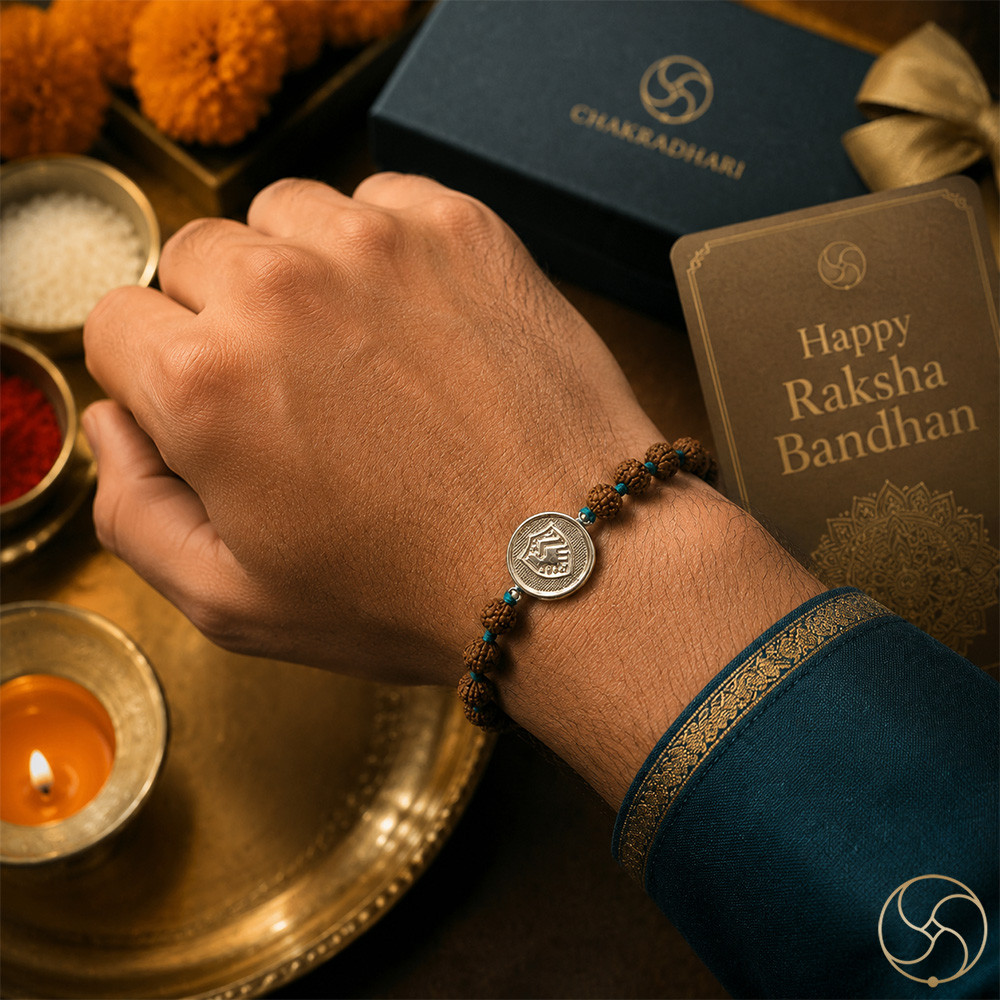 999 Silver Brotherhood Charm with Natural Rudraksha Bead Rakhi