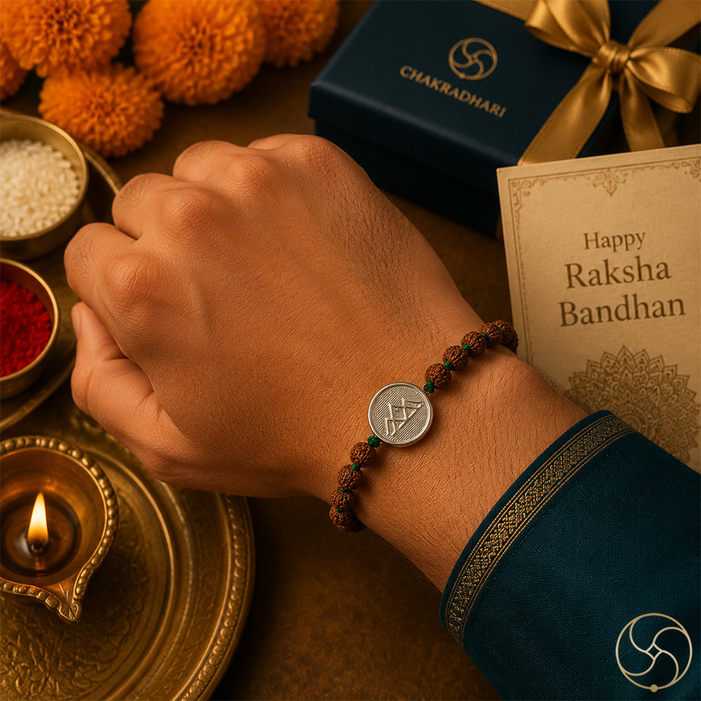999 Silver Mountain Charm with Natural Rudraksha Beads Rakhi