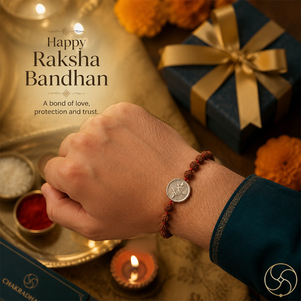 999 Silver Heartbeat Charm with Natural Rudraksha Beads Rakhi