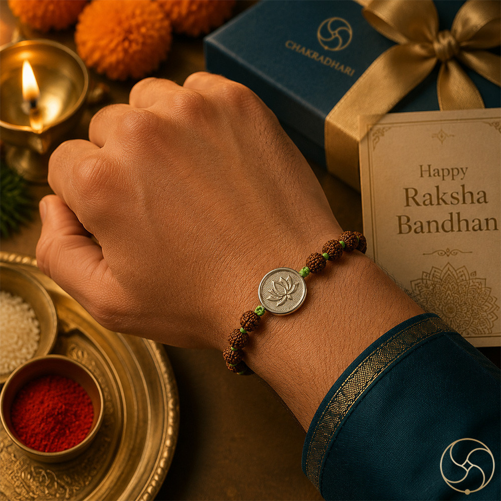 999 Silver Lotus Charm with Natural Rudraksha Bead Rakhi