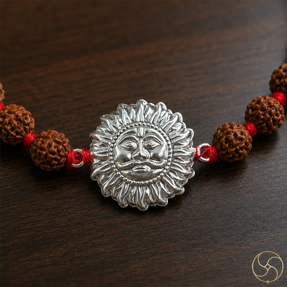 999 Silver Surya Dev  Rudraksha Bead Rakhi