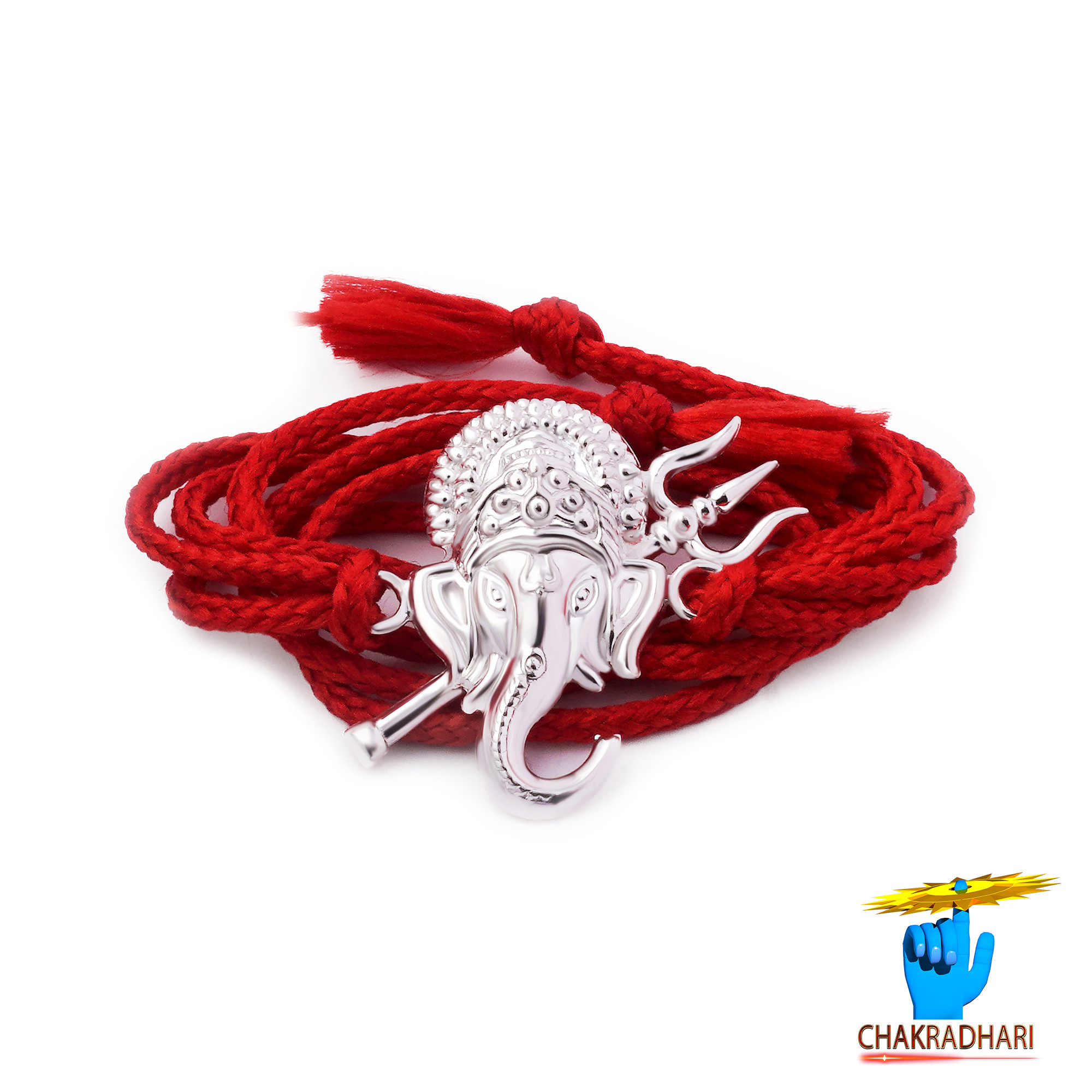 Divine Protector Ganesh Face with Trident Design Silver Rakhi