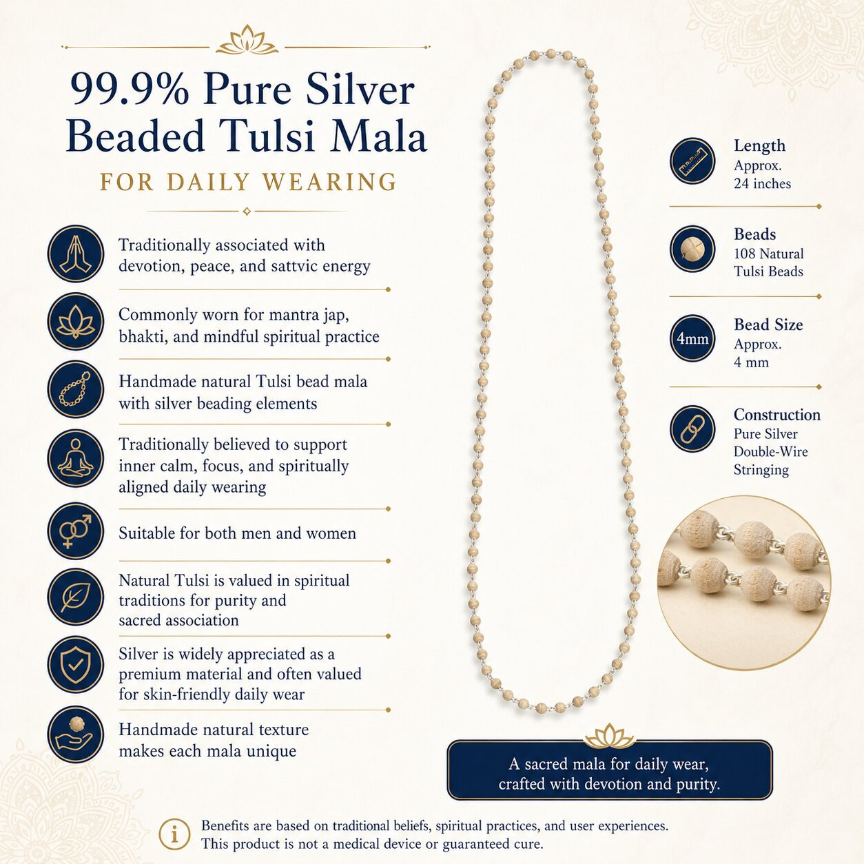 999 Pure Silver Beaded Tulsi Mala