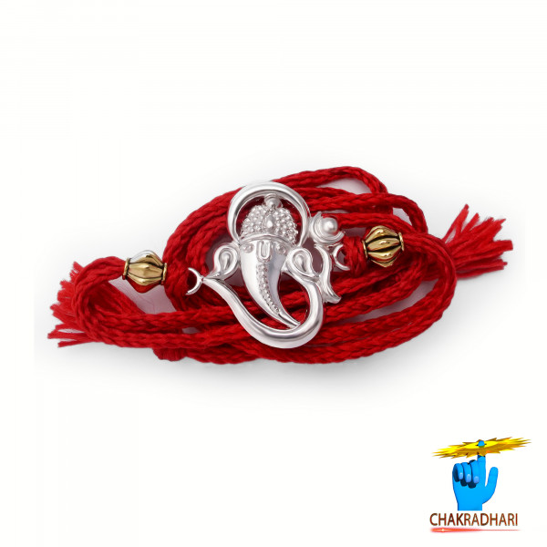 Image of OM with Ganesh Face Design Silver Rakhi - 97% Pure Silver Rakhi