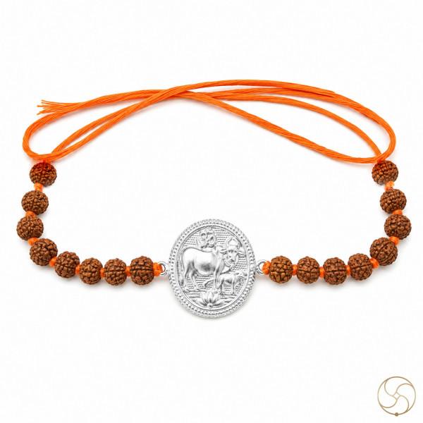 Image of 99.9% Silver Kamadhenu with Rudraksha Bead Rakhi