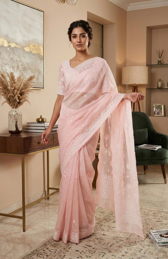 Pink Chanderi Hand Embroidered Chikankari Saree I Rohia By Chhangamal