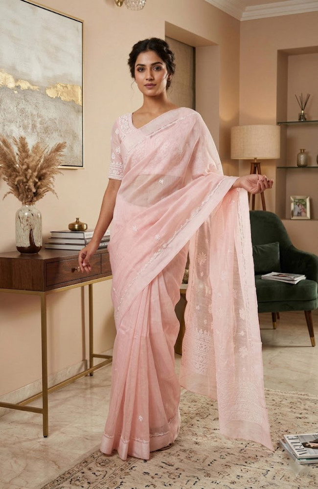 Image of Pink Chanderi Hand Embroidered Chikankari Saree I Rohia By Chhangamal