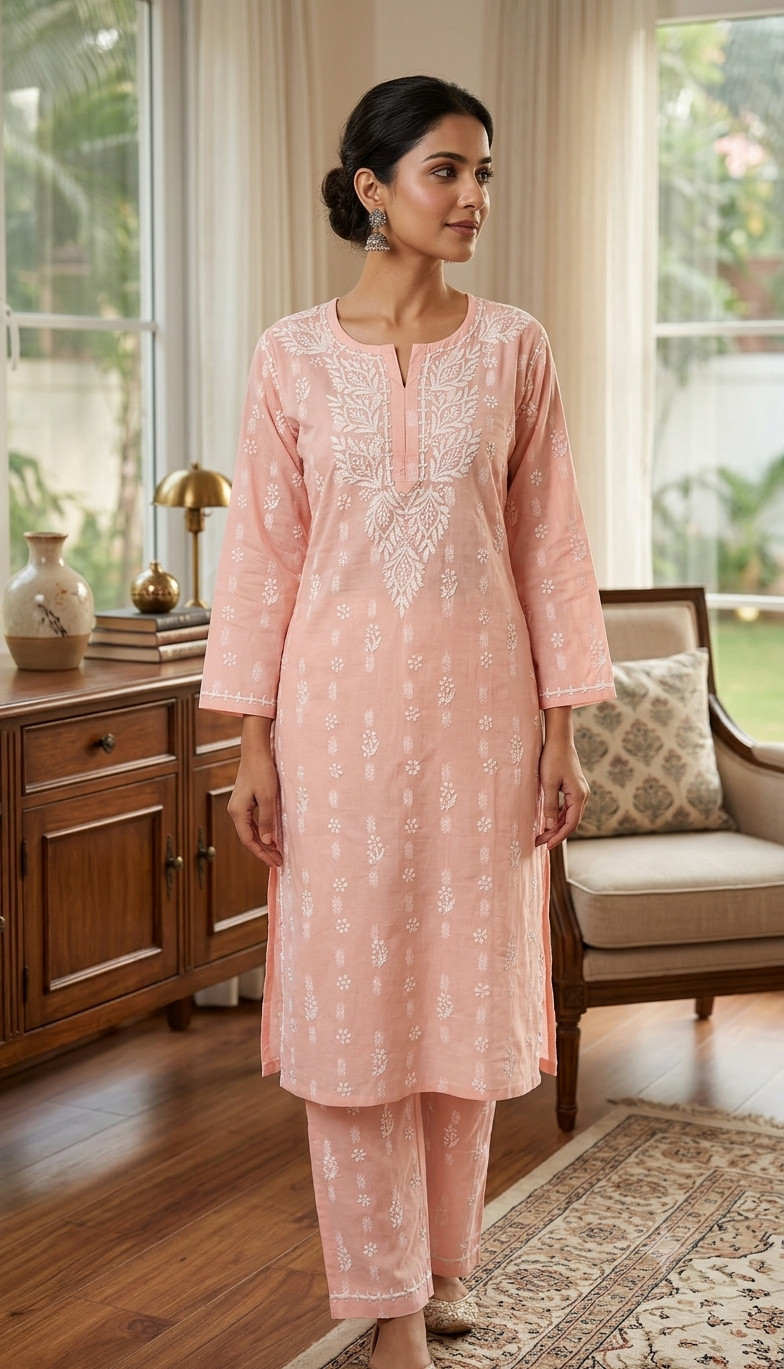 Pink  Cotton Chikankari Kurta & Pant Set