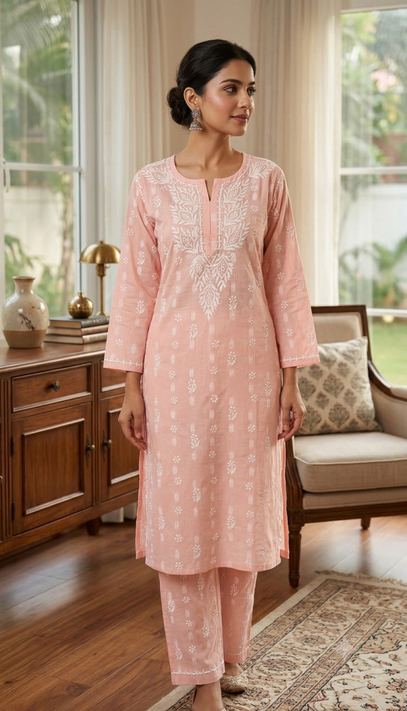 Image of Pink  Cotton Chikankari Kurta &amp; Pant Set