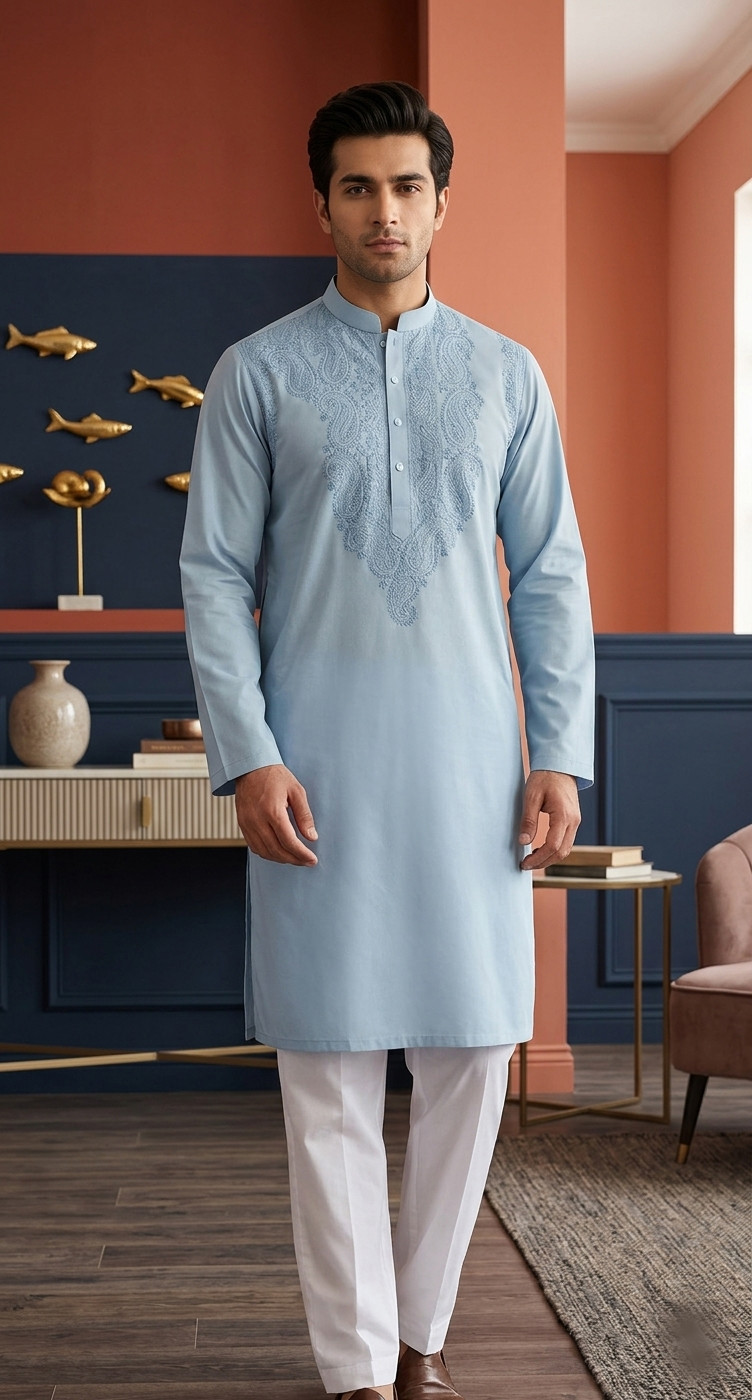 Blue Cotton Chikankari Kurta
