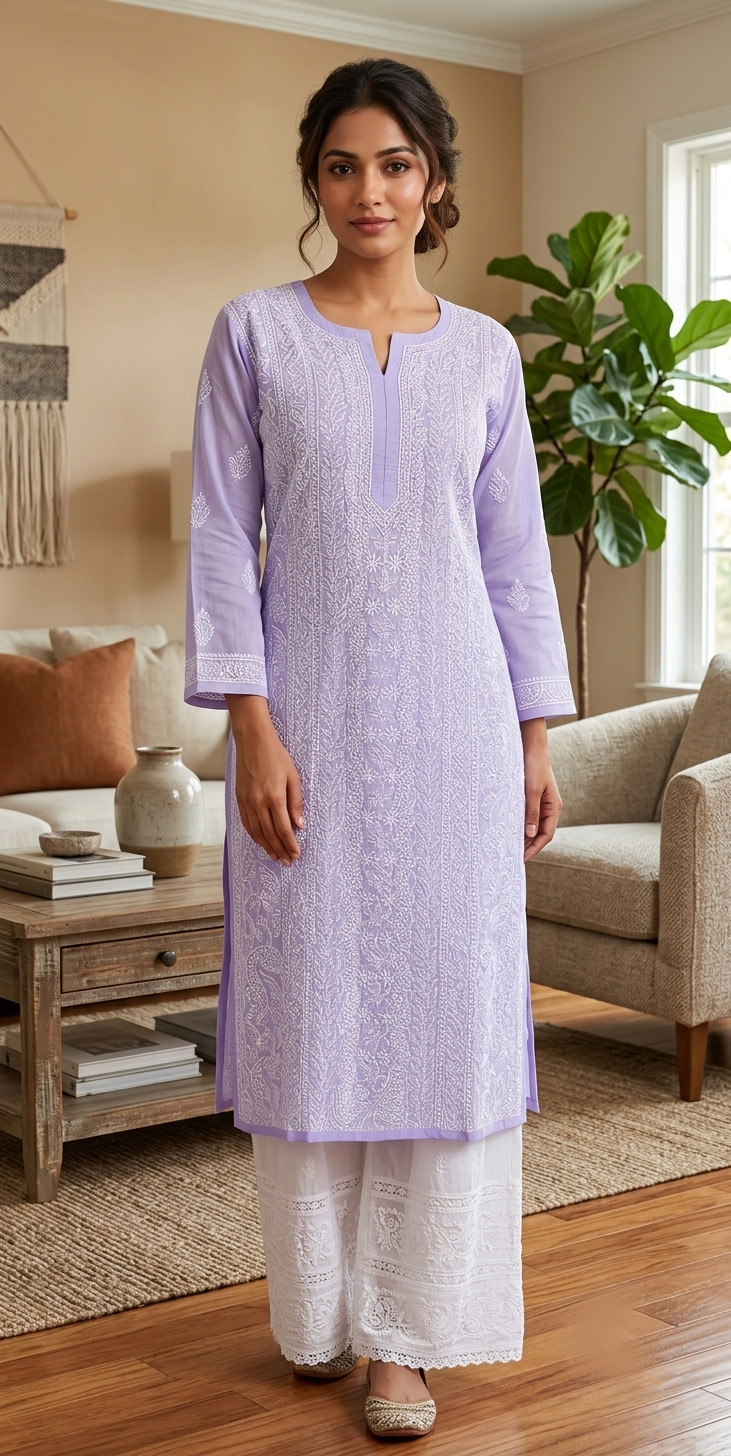 Lavender Cotton Hand Embroidered Chikankari Kurti