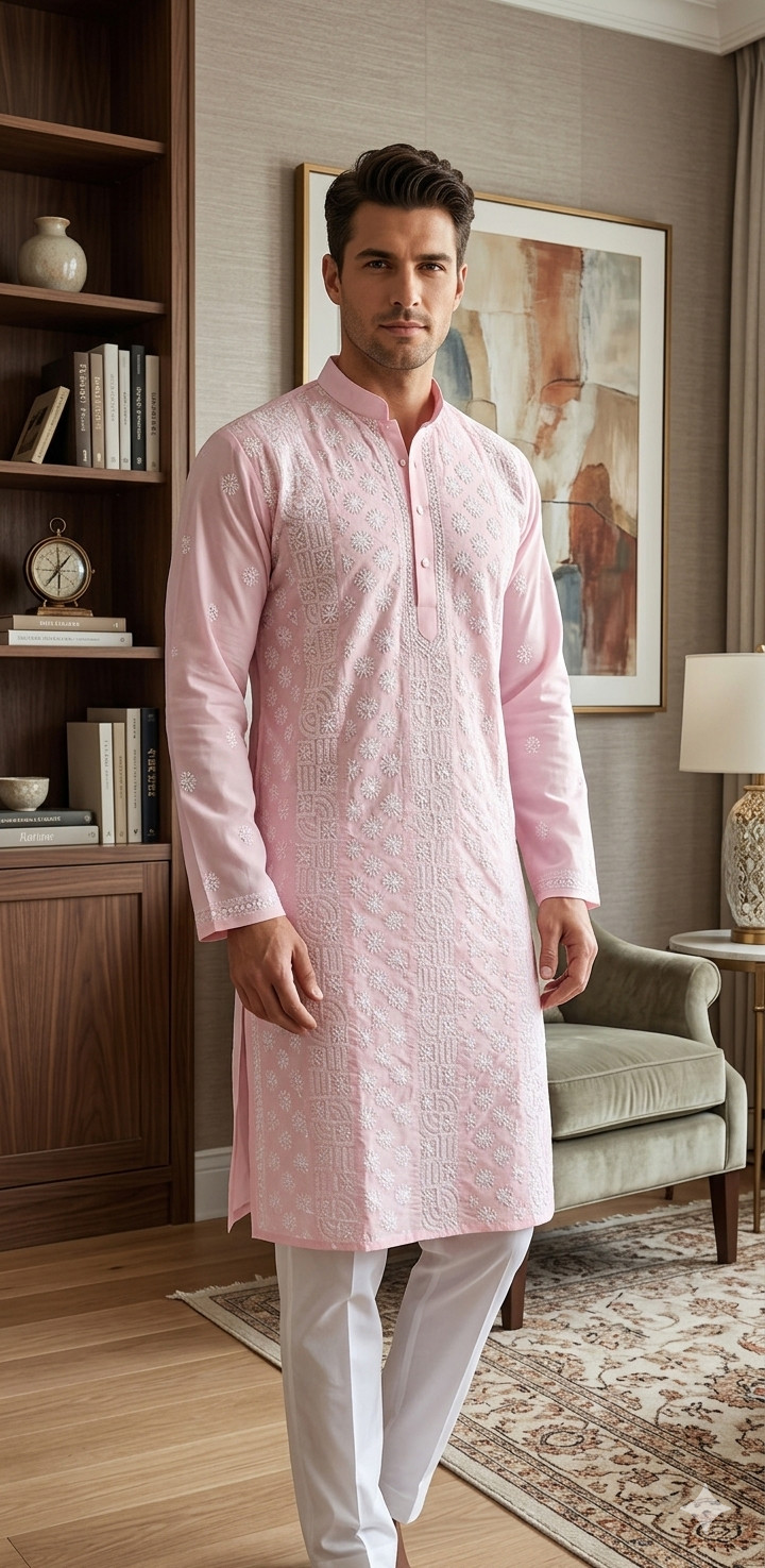 Pink  Cotton Chikankari Kurta
