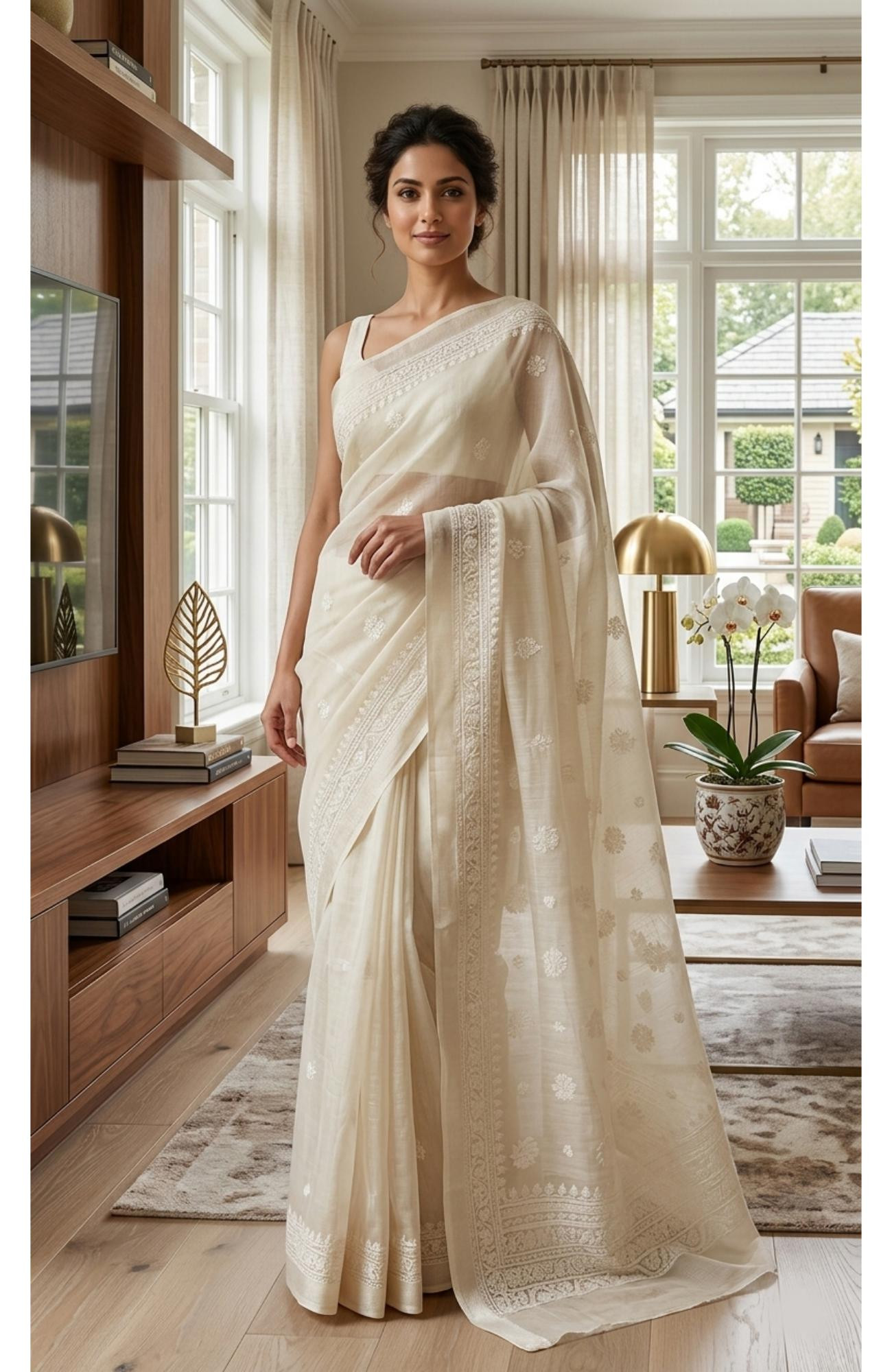 Golden Beige Hand Embroidered Chanderi Chikankari Saree