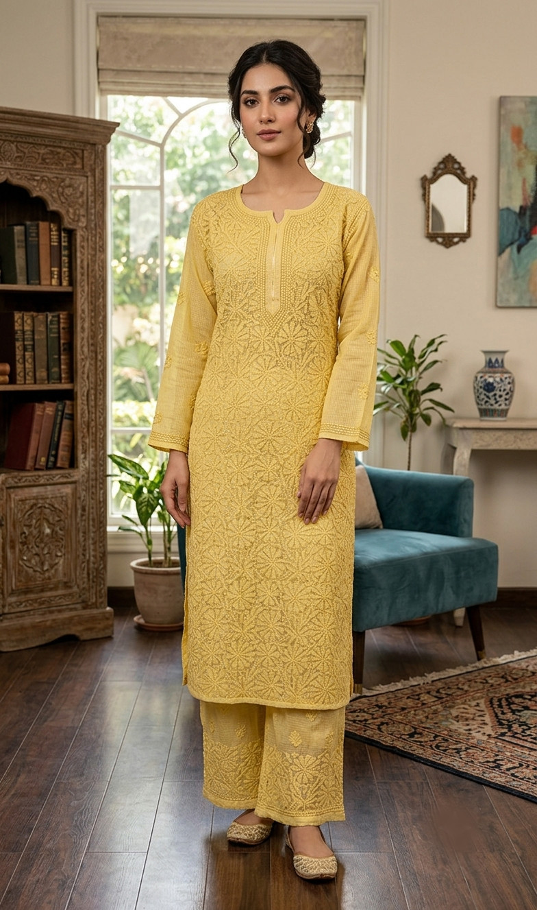 Mustard Yellow Chikankari Kurta Slip & Pant Set