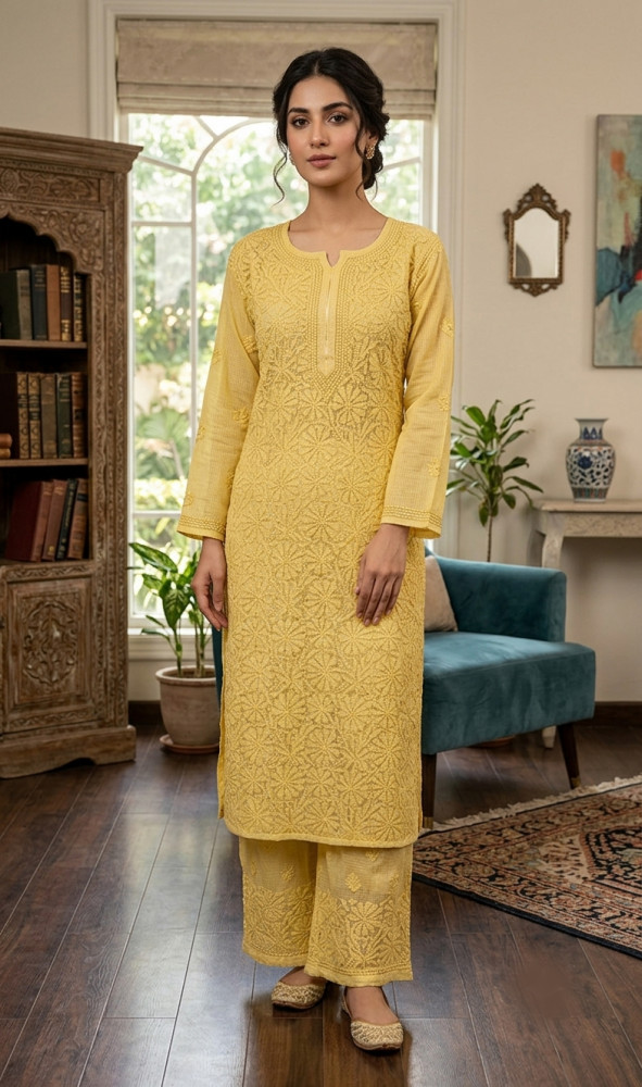 Image of Mustard Yellow Chikankari Kurta, Slip &amp; Pant Set