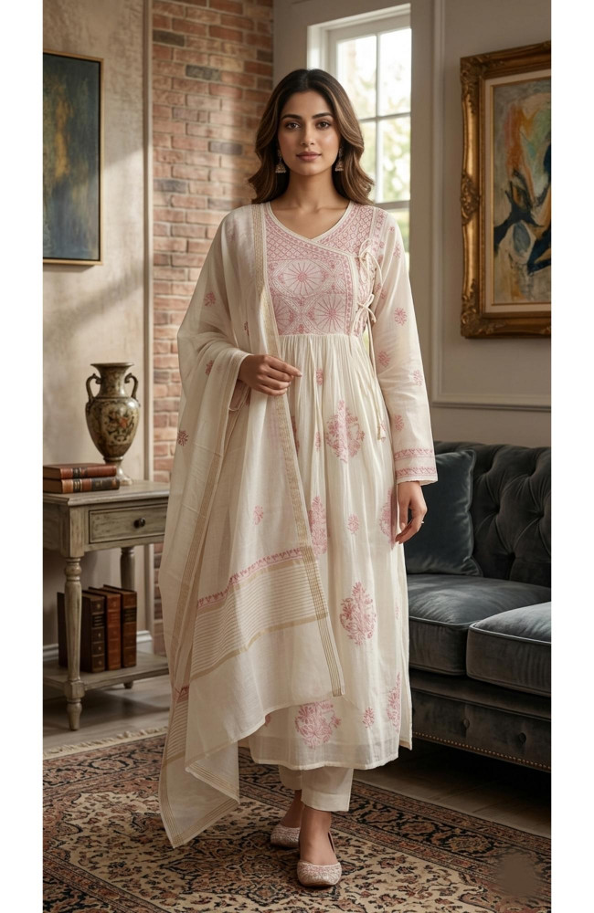 Image of Cream Mul Chanderi Hand Embroidered Chikankari  Angrakha Stayl Kurta &amp; Dupatta