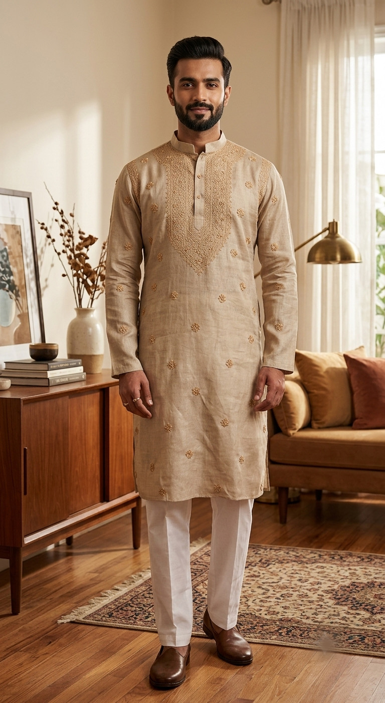Golden Brown Tusser Chikankari Kurta