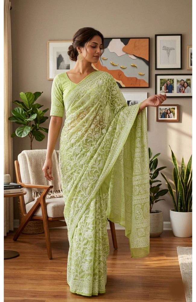 Image of Green Faux Georgette Hand Embroidered Chikankari Saree