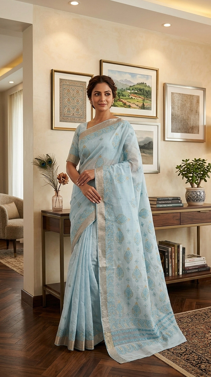 Light Blue Hand Embroidered Chanderi Chikankari Saree