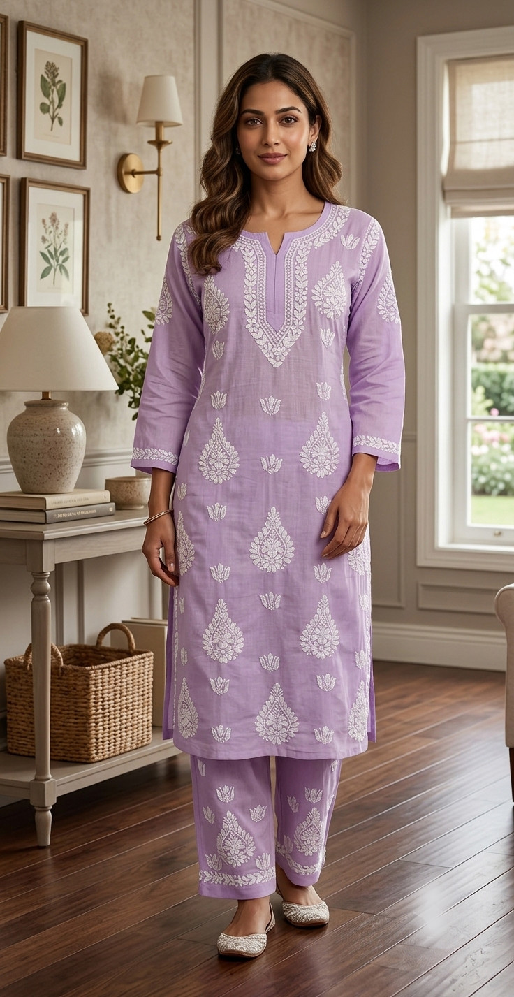 Lavender Cotton Chikankari Kurta & Pant Set