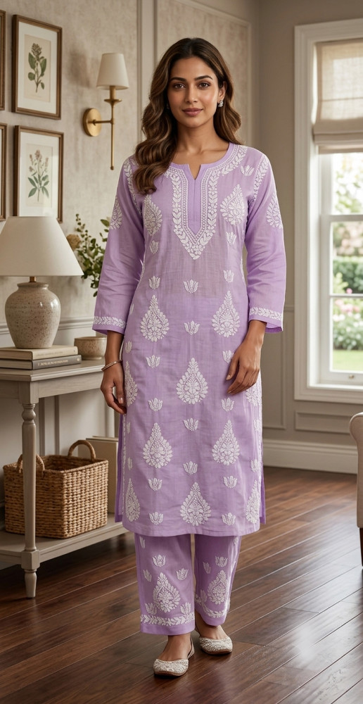Image of Lavender Cotton Chikankari Kurta &amp; Pant Set