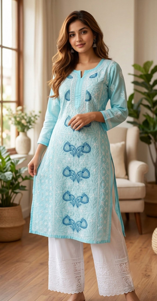 Image of Blue Cotton Hand Embroidered Chikankari Kurti