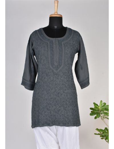 Chhangamal Hand Embroidered Dark Grey Rayon Cotton Chikankari Short Top