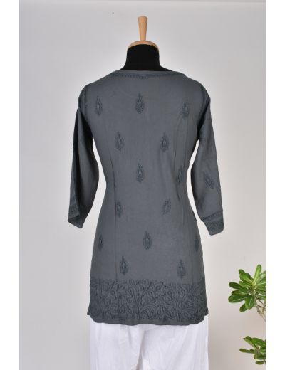Chhangamal Hand Embroidered Dark Grey Rayon Cotton Chikankari Short Top