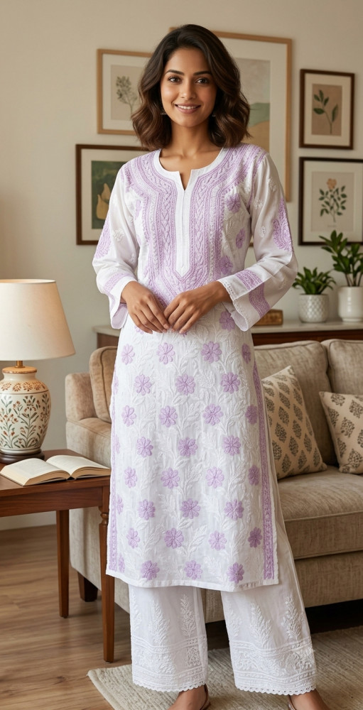 Image of White Cotton Hand Embroidered Chikankari Kurti